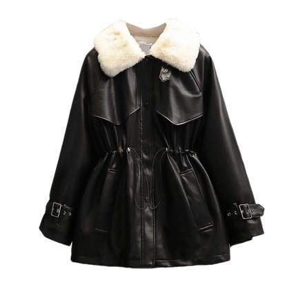 Abrigo de cuero con forro polar y cintura ajustada para mujer, de talla grande, de moda de invierno