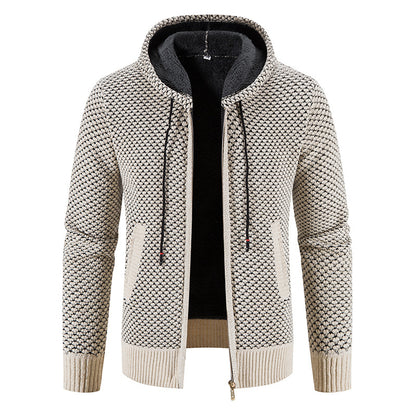 Suéter con capucha para hombre, tejido de punto, forro polar, terciopelo con grosor añadido, cárdigan cálido con forro polar