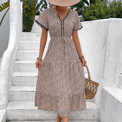 Vestido nuevo de verano con escote en V europeo y americano, estampado de leopardo