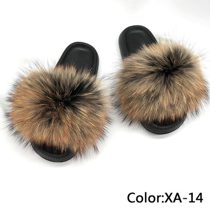 Fur Slides For Women Fluffy House Slippers Flip Flops Women Shoes Wholesale Big Size 44 45 Luxury Real Fox Fur Platform Slippers