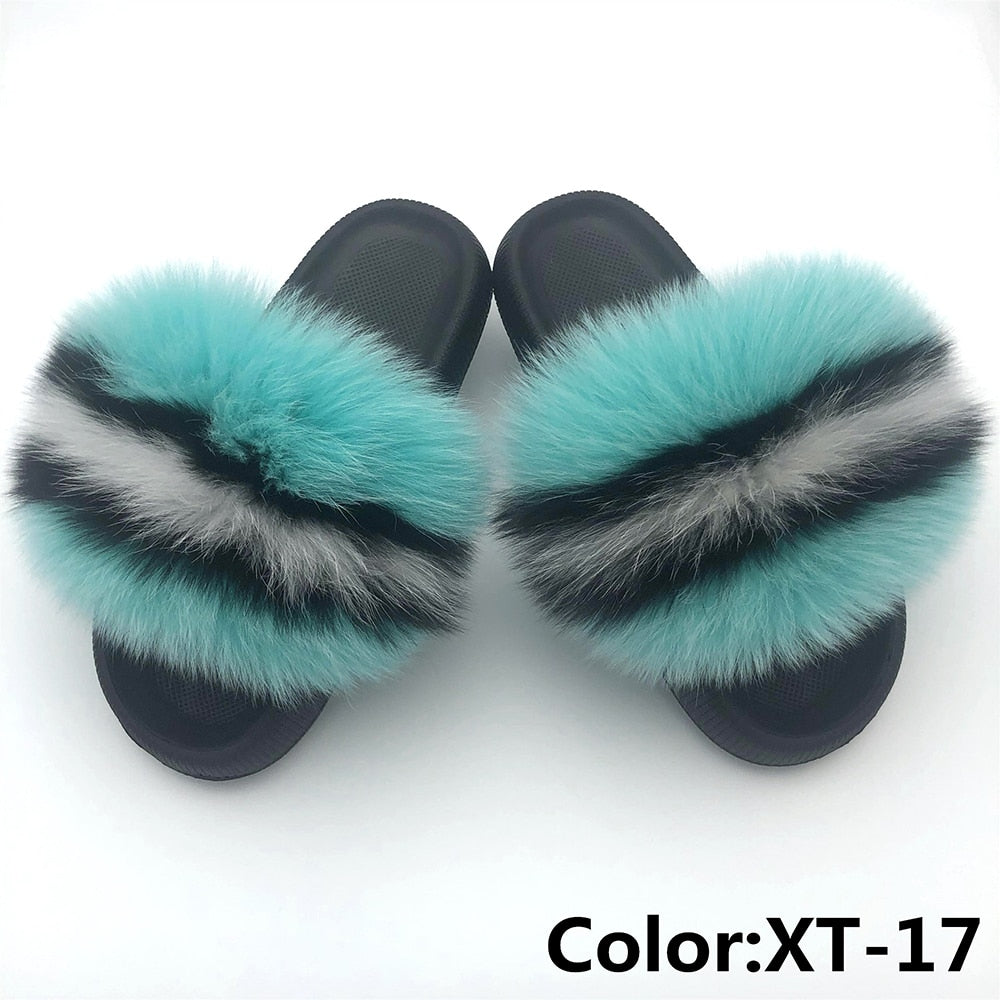 Chanclas de piel para mujer, pantuflas de casa mullidas, chanclas, zapatos de mujer, venta al por mayor, talla grande 44 45, pantuflas de plataforma de piel de zorro real de lujo 