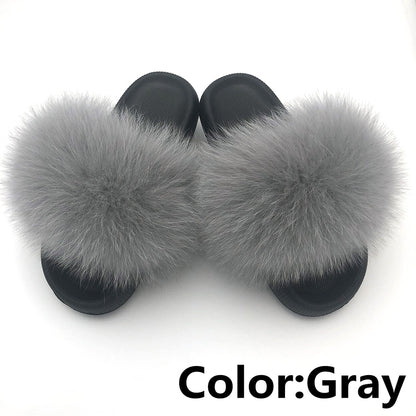 Fur Slides For Women Fluffy House Slippers Flip Flops Women Shoes Wholesale Big Size 44 45 Luxury Real Fox Fur Platform Slippers