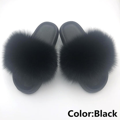 Fur Slides For Women Fluffy House Slippers Flip Flops Women Shoes Wholesale Big Size 44 45 Luxury Real Fox Fur Platform Slippers
