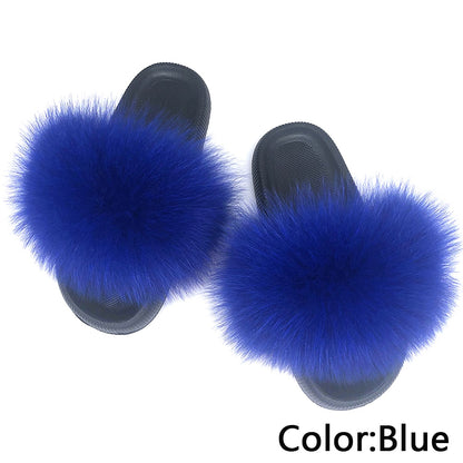 Fur Slides For Women Fluffy House Slippers Flip Flops Women Shoes Wholesale Big Size 44 45 Luxury Real Fox Fur Platform Slippers