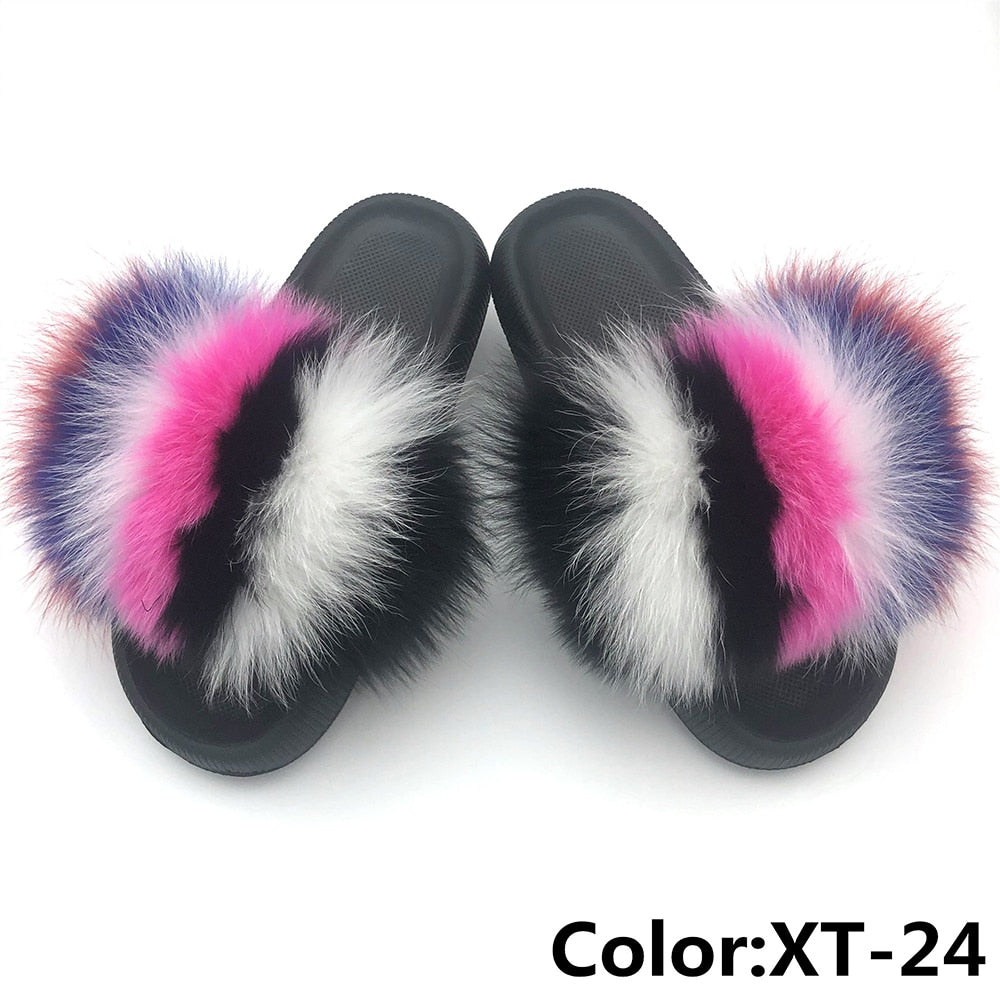 Chanclas de piel para mujer, pantuflas de casa mullidas, chanclas, zapatos de mujer, venta al por mayor, talla grande 44 45, pantuflas de plataforma de piel de zorro real de lujo 