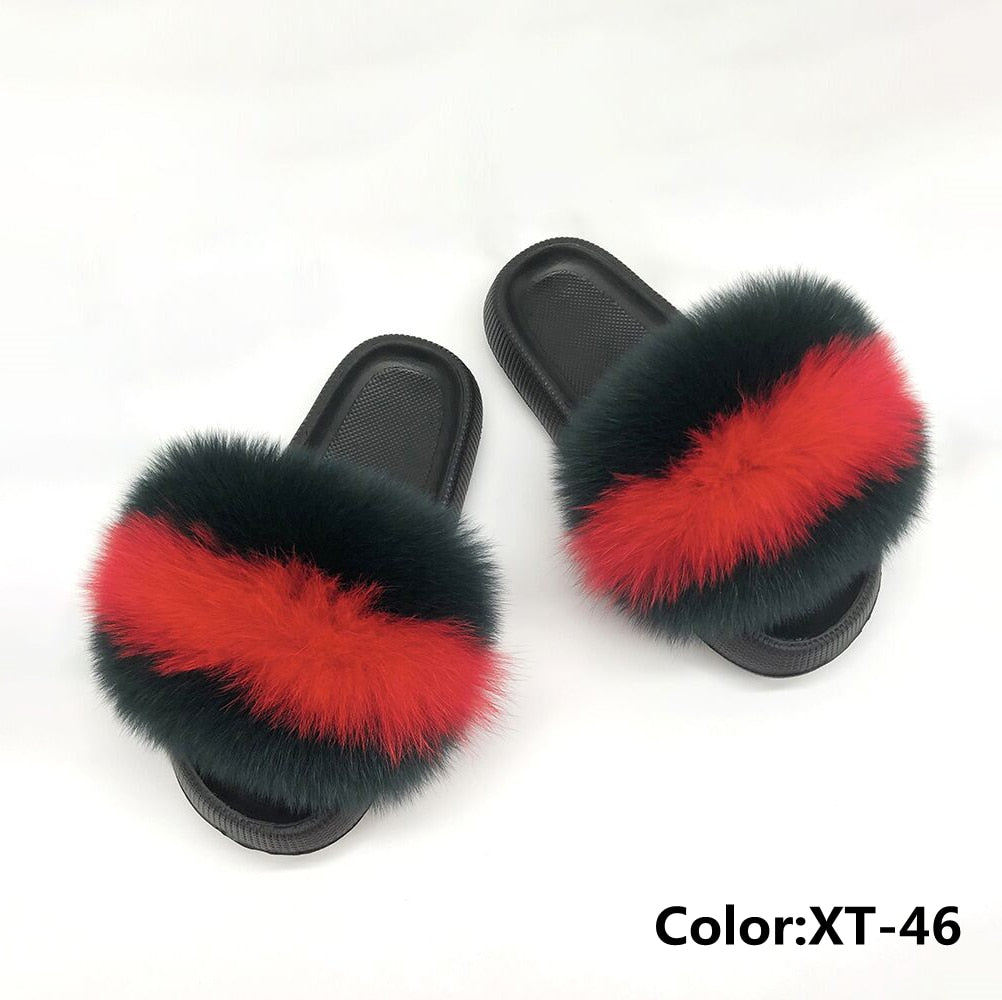 Chanclas de piel para mujer, pantuflas de casa mullidas, chanclas, zapatos de mujer, venta al por mayor, talla grande 44 45, pantuflas de plataforma de piel de zorro real de lujo 