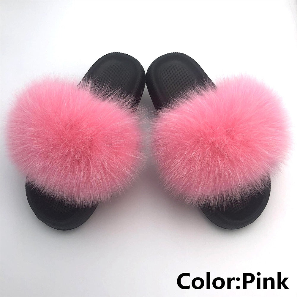 Chanclas de piel para mujer, pantuflas de casa mullidas, chanclas, zapatos de mujer, venta al por mayor, talla grande 44 45, pantuflas de plataforma de piel de zorro real de lujo 