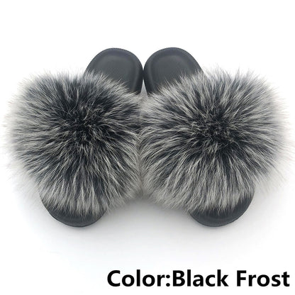Fur Slides For Women Fluffy House Slippers Flip Flops Women Shoes Wholesale Big Size 44 45 Luxury Real Fox Fur Platform Slippers