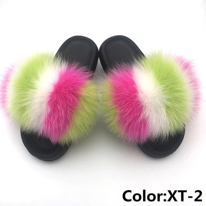Fur Slides For Women Fluffy House Slippers Flip Flops Women Shoes Wholesale Big Size 44 45 Luxury Real Fox Fur Platform Slippers