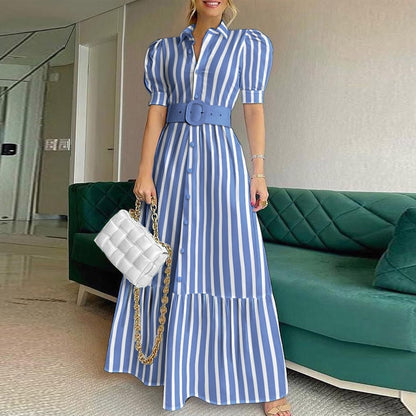 Vestido camisero largo con hombros abullonados y botones para mujer, vestido elegante de oficina con cuello vuelto y manga larga para fiesta de verano