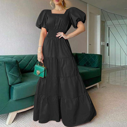 Vestido camisero largo con hombros abullonados y botones para mujer, vestido elegante de oficina con cuello vuelto y manga larga para fiesta de verano