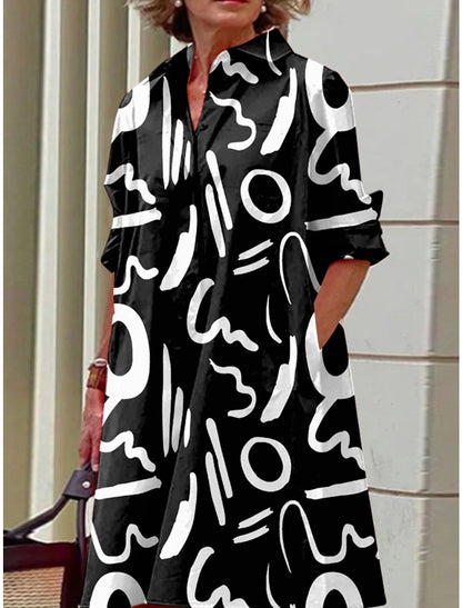 Black And White Blooming 3D Digital Printing Long-sleeved Shirt Dress