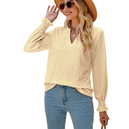 Blusa holgada de manga larga con volantes y escote en V de color liso a la moda para mujer