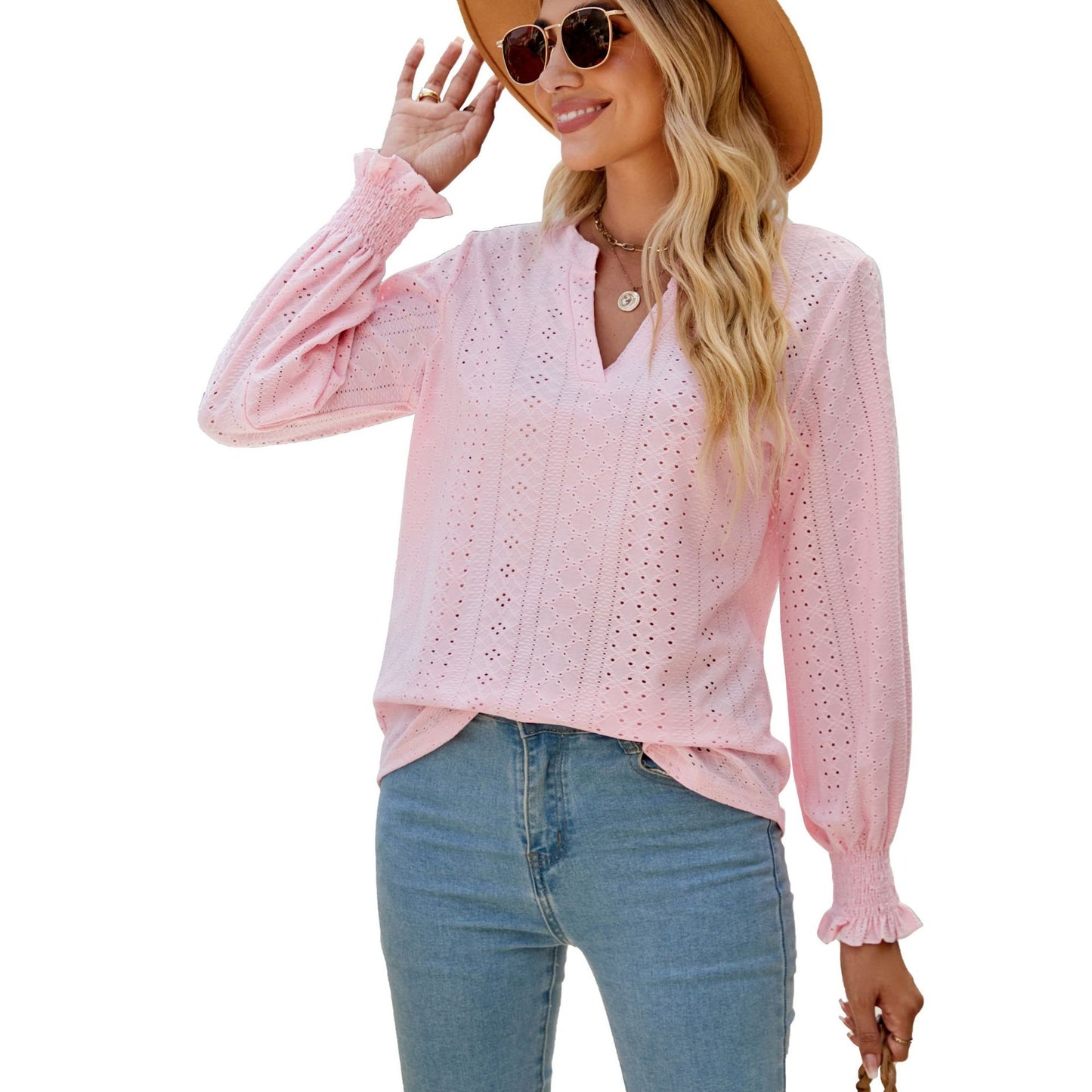 Blusa holgada de manga larga con volantes y escote en V de color liso a la moda para mujer