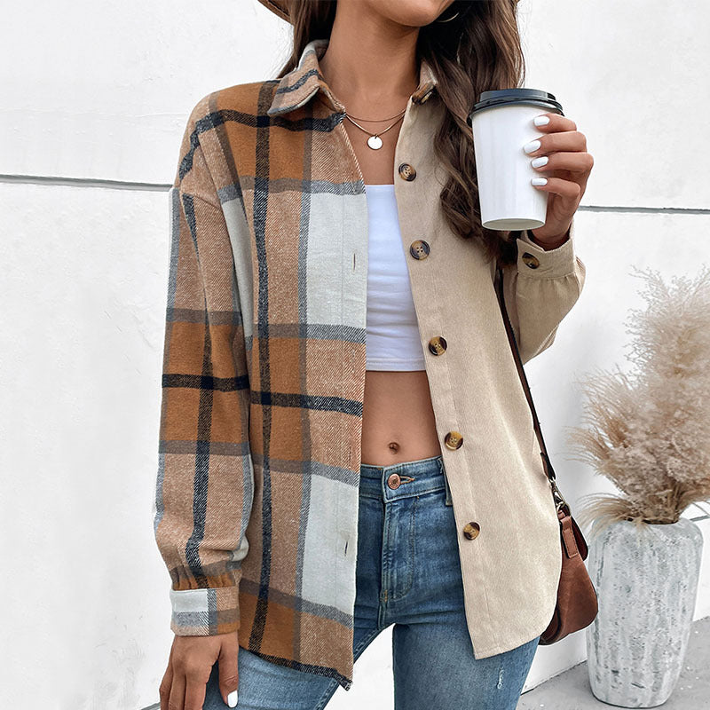 Long-sleeved Plaid Top Retro Lapels Cardigan Coat