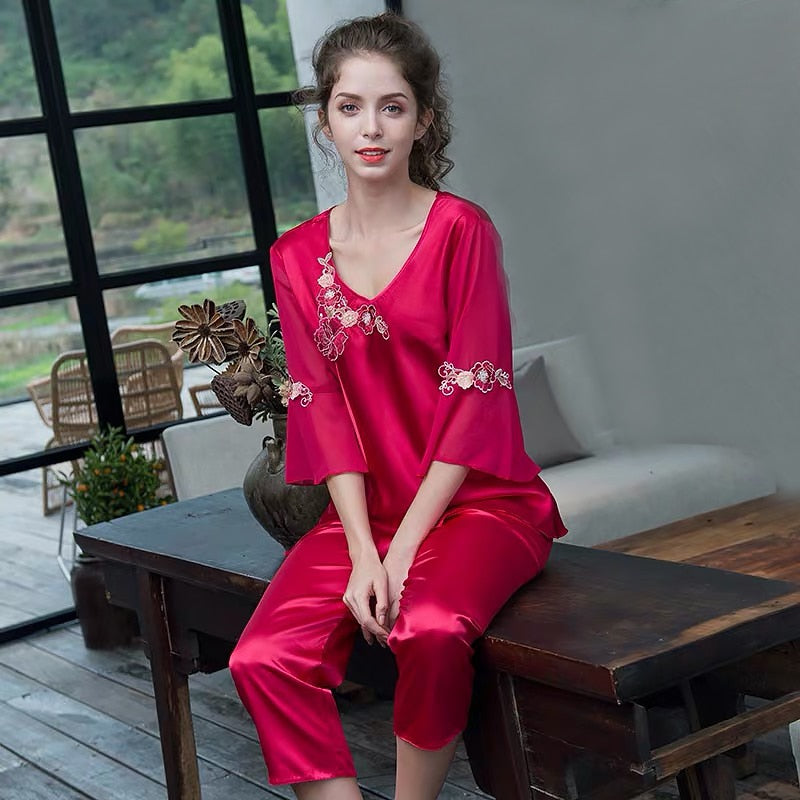 pijamas women Female pantsuit women Ice Silk Suit Long Sleeve silk pajamas Thin Bud Silk Sleeping Home Suit sleepwear