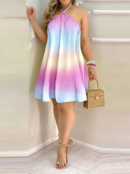 Vestido informal sin espalda con cuello halter y estampado tropical para mujer, vestido de verano sin tirantes 