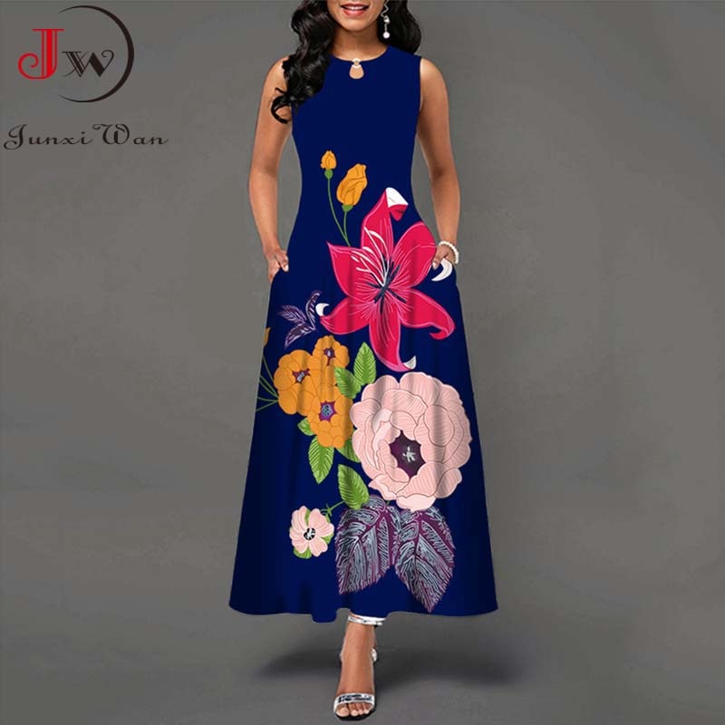 Summer Women Floral Printed Long Dresses Casual Sleeveless Beach Holiday Boho Maxi Dress Vestidos