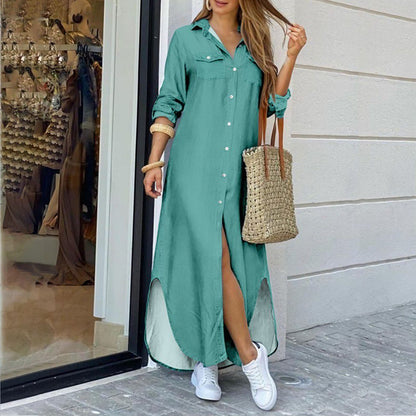 Vestido camisero elegante de moda de verano para mujer 2023, estampado de manga larga con botones, ropa informal para oficina y vacaciones, vestido largo para mujer 