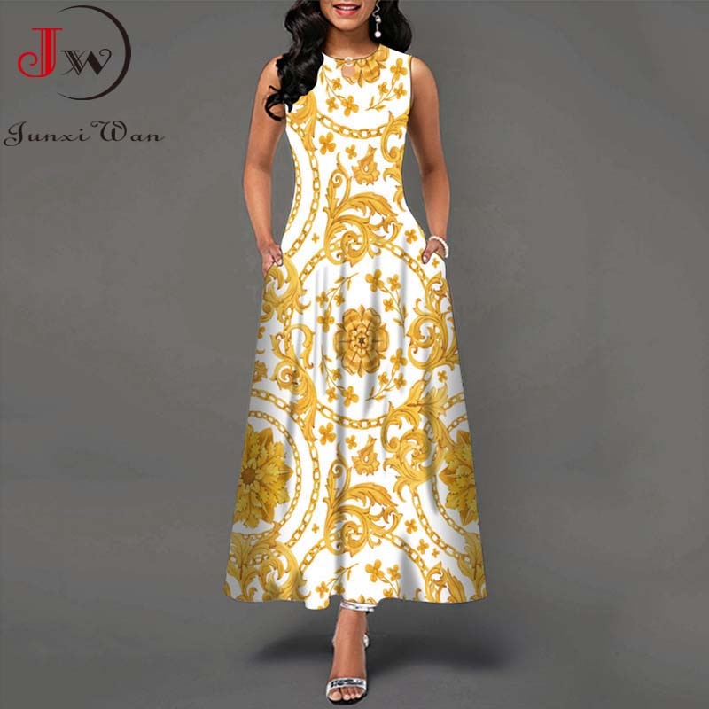 Summer Women Floral Printed Long Dresses Casual Sleeveless Beach Holiday Boho Maxi Dress Vestidos