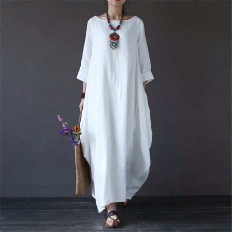 2024 Spring New Loose Size Round Neck Mid-Sleeve Large Swing Cotton And Linen Long Dress