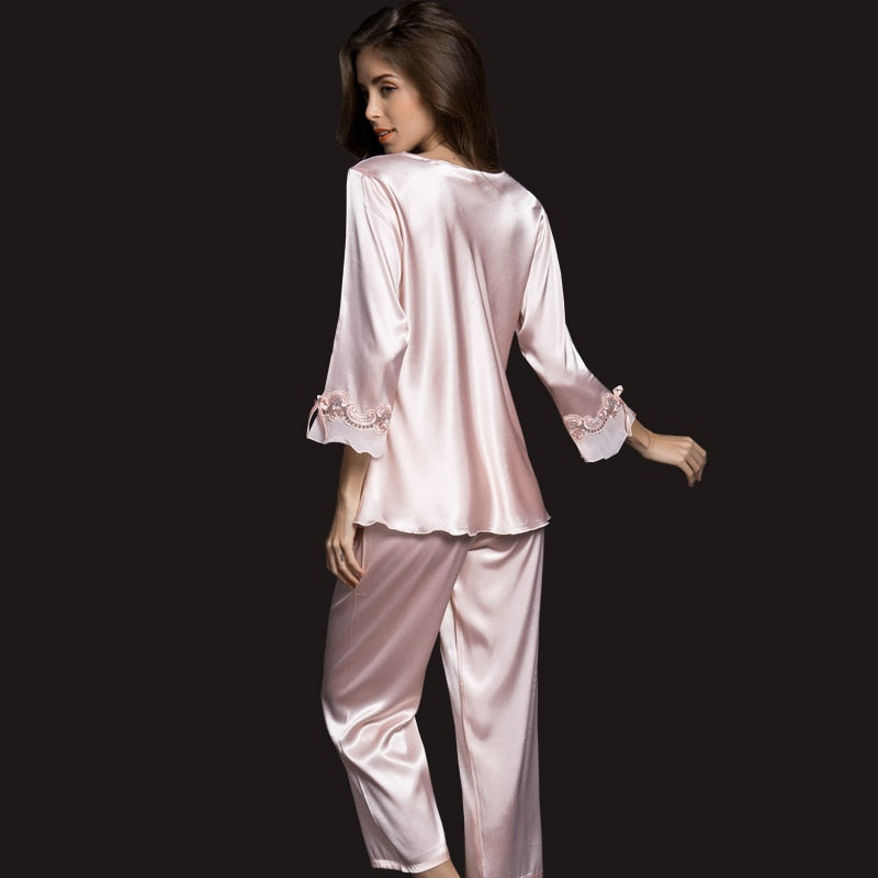 pijamas women Female pantsuit women Ice Silk Suit Long Sleeve silk pajamas Thin Bud Silk Sleeping Home Suit sleepwear