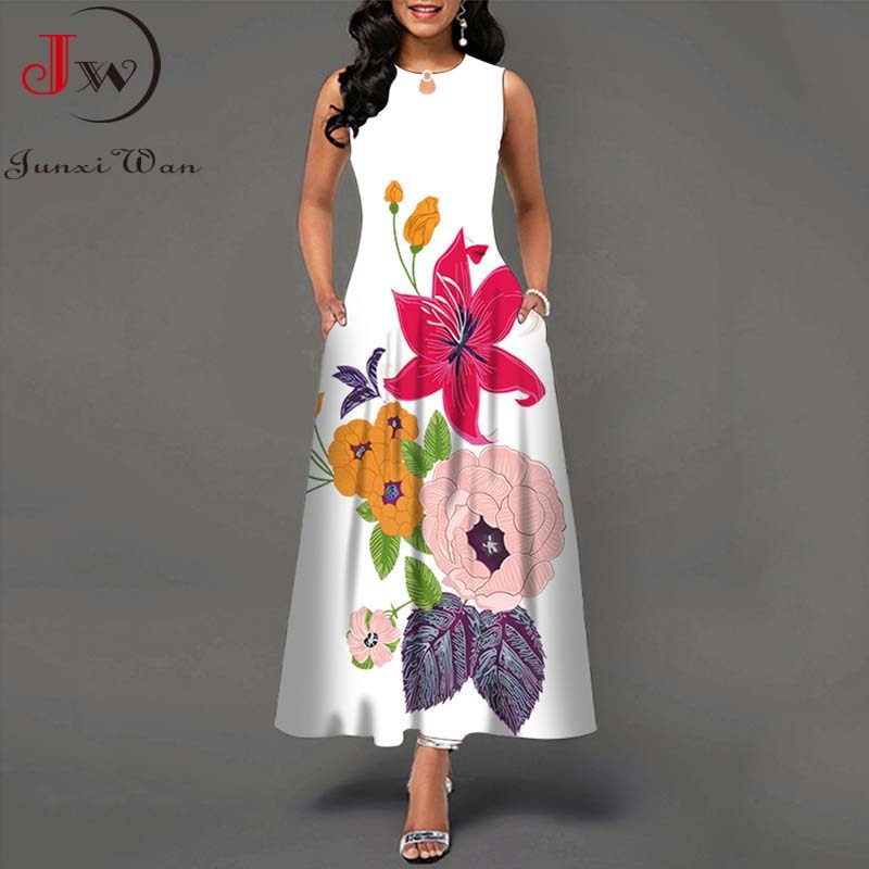 Summer Women Floral Printed Long Dresses Casual Sleeveless Beach Holiday Boho Maxi Dress Vestidos