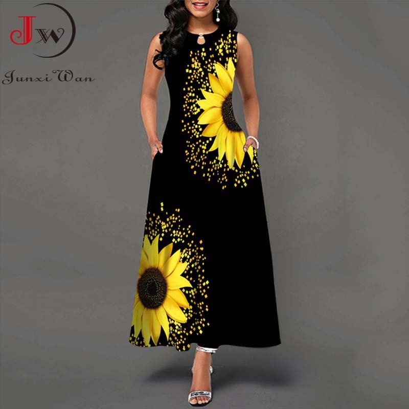 Summer Women Floral Printed Long Dresses Casual Sleeveless Beach Holiday Boho Maxi Dress Vestidos