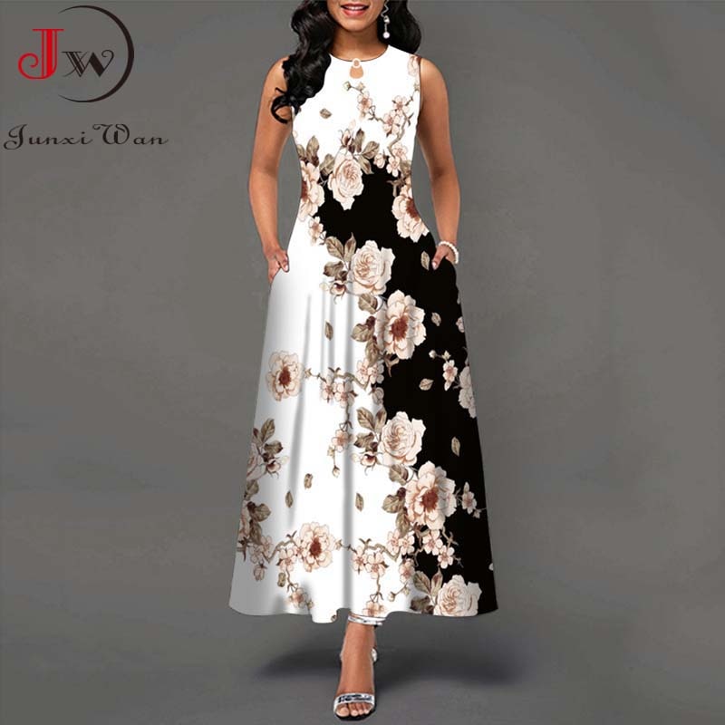 Summer Women Floral Printed Long Dresses Casual Sleeveless Beach Holiday Boho Maxi Dress Vestidos