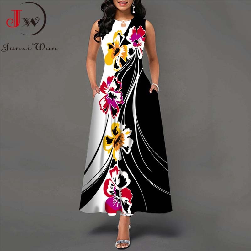 Summer Women Floral Printed Long Dresses Casual Sleeveless Beach Holiday Boho Maxi Dress Vestidos