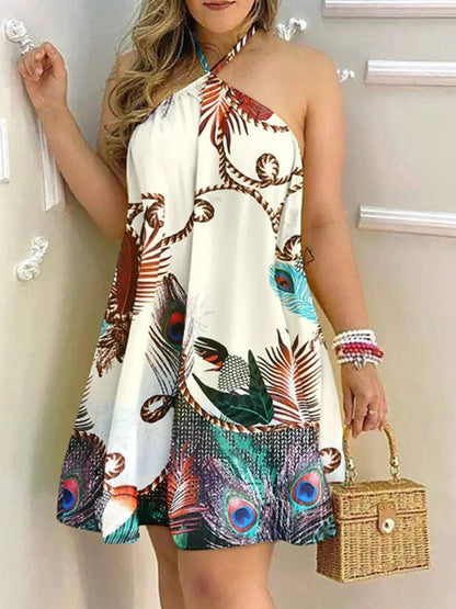 Vestido informal sin espalda con cuello halter y estampado tropical para mujer, vestido de verano sin tirantes 