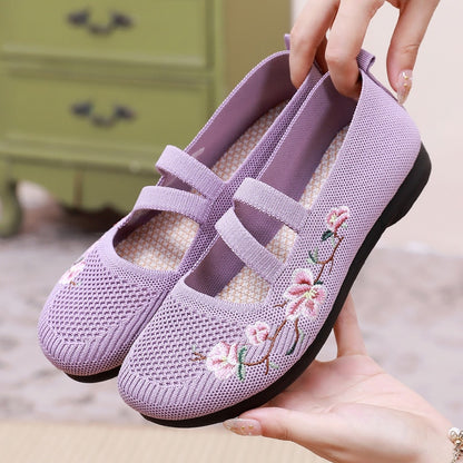 Mom Summer Mesh Knitting Sneakers Women Breathable Mary Janes Shoes Non-slip Ladies Casual Nurse Office Shoes Ballet Flats