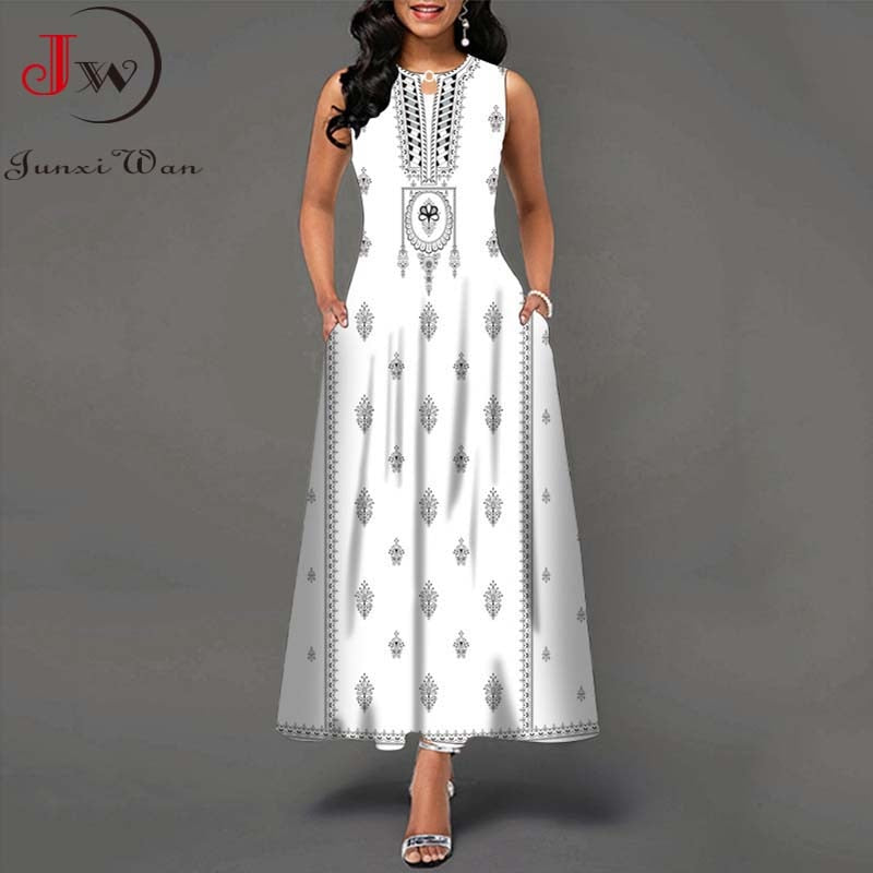 Summer Women Floral Printed Long Dresses Casual Sleeveless Beach Holiday Boho Maxi Dress Vestidos