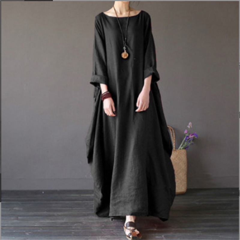 2024 Spring New Loose Size Round Neck Mid-Sleeve Large Swing Cotton And Linen Long Dress