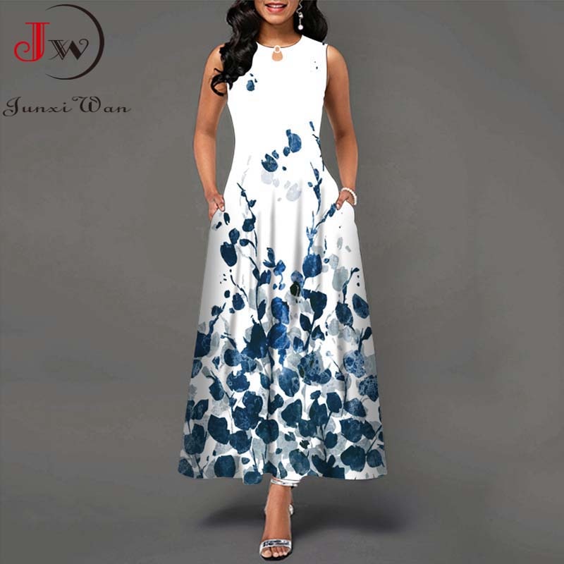 Summer Women Floral Printed Long Dresses Casual Sleeveless Beach Holiday Boho Maxi Dress Vestidos