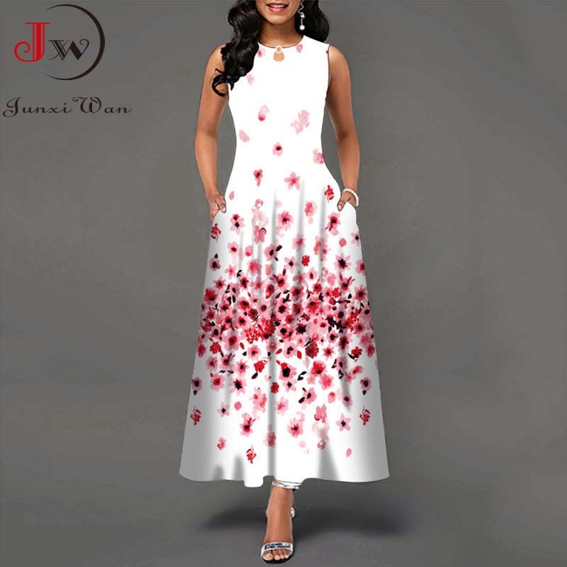 Summer Women Floral Printed Long Dresses Casual Sleeveless Beach Holiday Boho Maxi Dress Vestidos