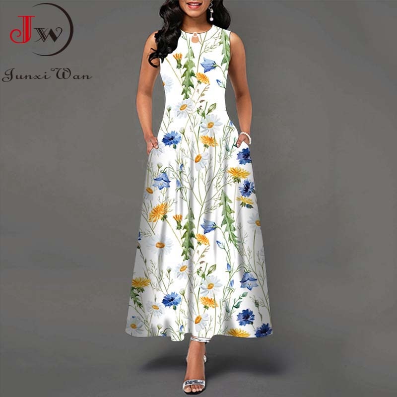 Summer Women Floral Printed Long Dresses Casual Sleeveless Beach Holiday Boho Maxi Dress Vestidos