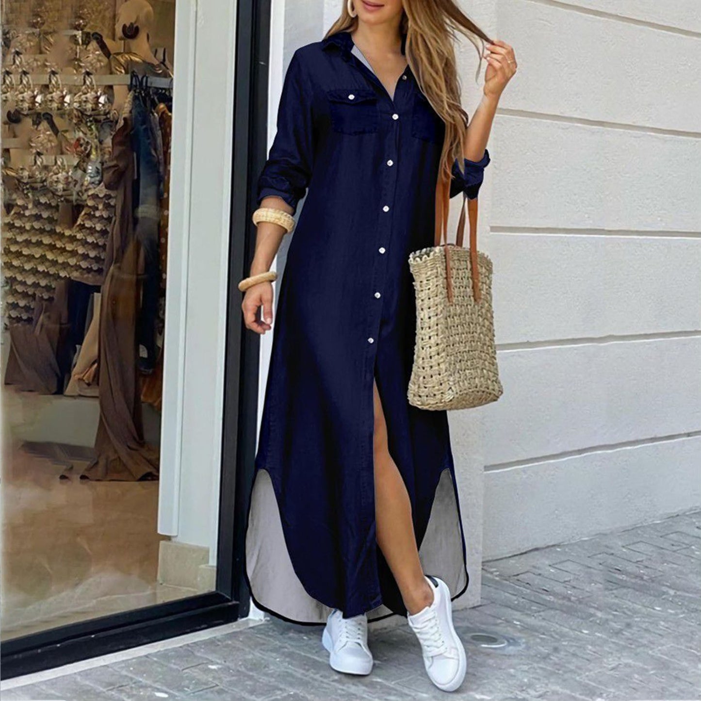 Vestido camisero elegante de moda de verano para mujer 2023, estampado de manga larga con botones, ropa informal para oficina y vacaciones, vestido largo para mujer 