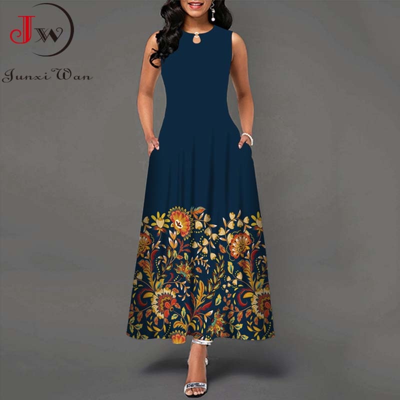 Summer Women Floral Printed Long Dresses Casual Sleeveless Beach Holiday Boho Maxi Dress Vestidos