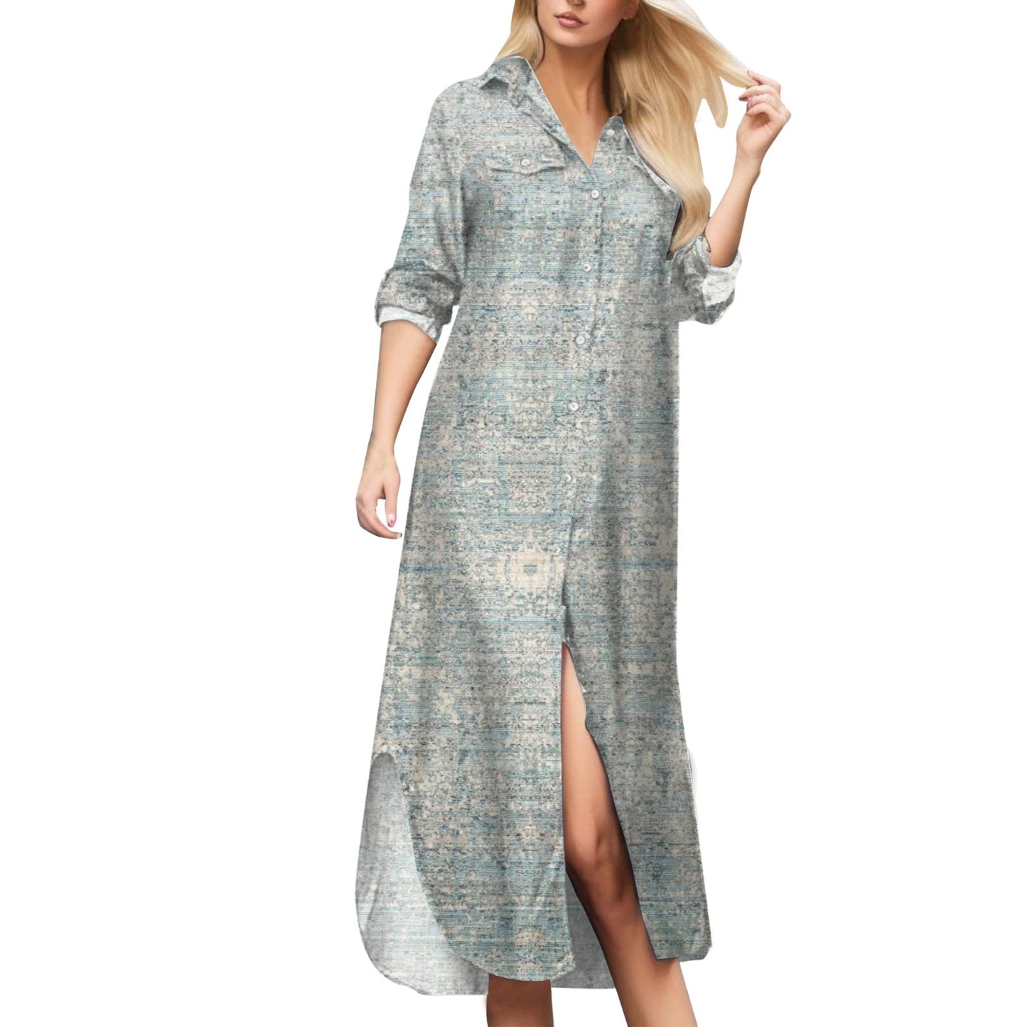 Vestido camisero elegante de moda de verano para mujer 2023, estampado de manga larga con botones, ropa informal para oficina y vacaciones, vestido largo para mujer 