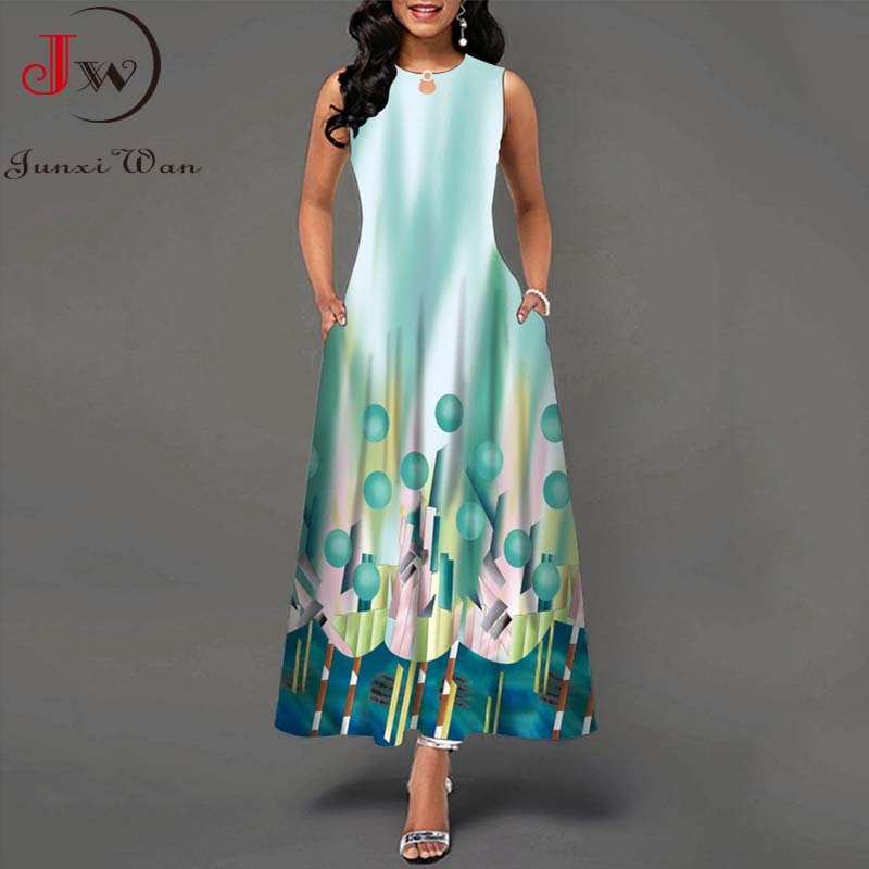 Summer Women Floral Printed Long Dresses Casual Sleeveless Beach Holiday Boho Maxi Dress Vestidos