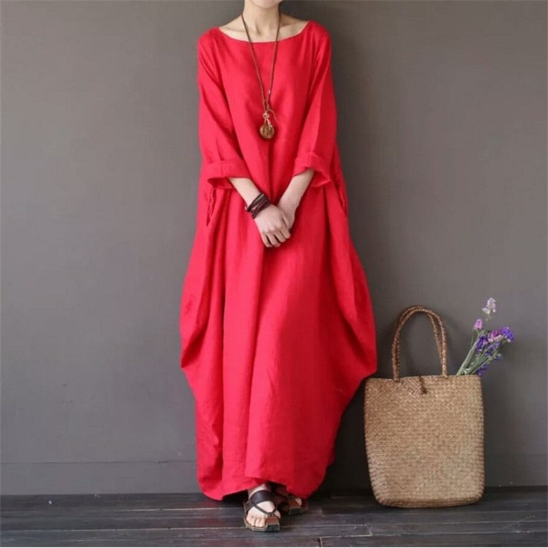 2024 Spring New Loose Size Round Neck Mid-Sleeve Large Swing Cotton And Linen Long Dress