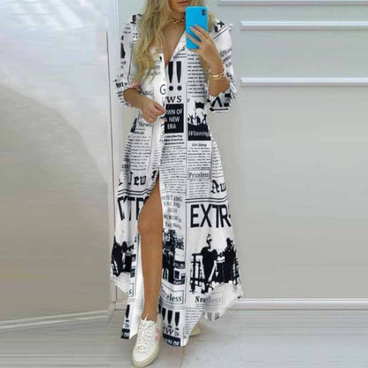 Women Boho Shirt Dress Summer Turn-down Collar Single Breasted Button Irregular Long Dress Female Sexy Letter Print Maxi Dresses