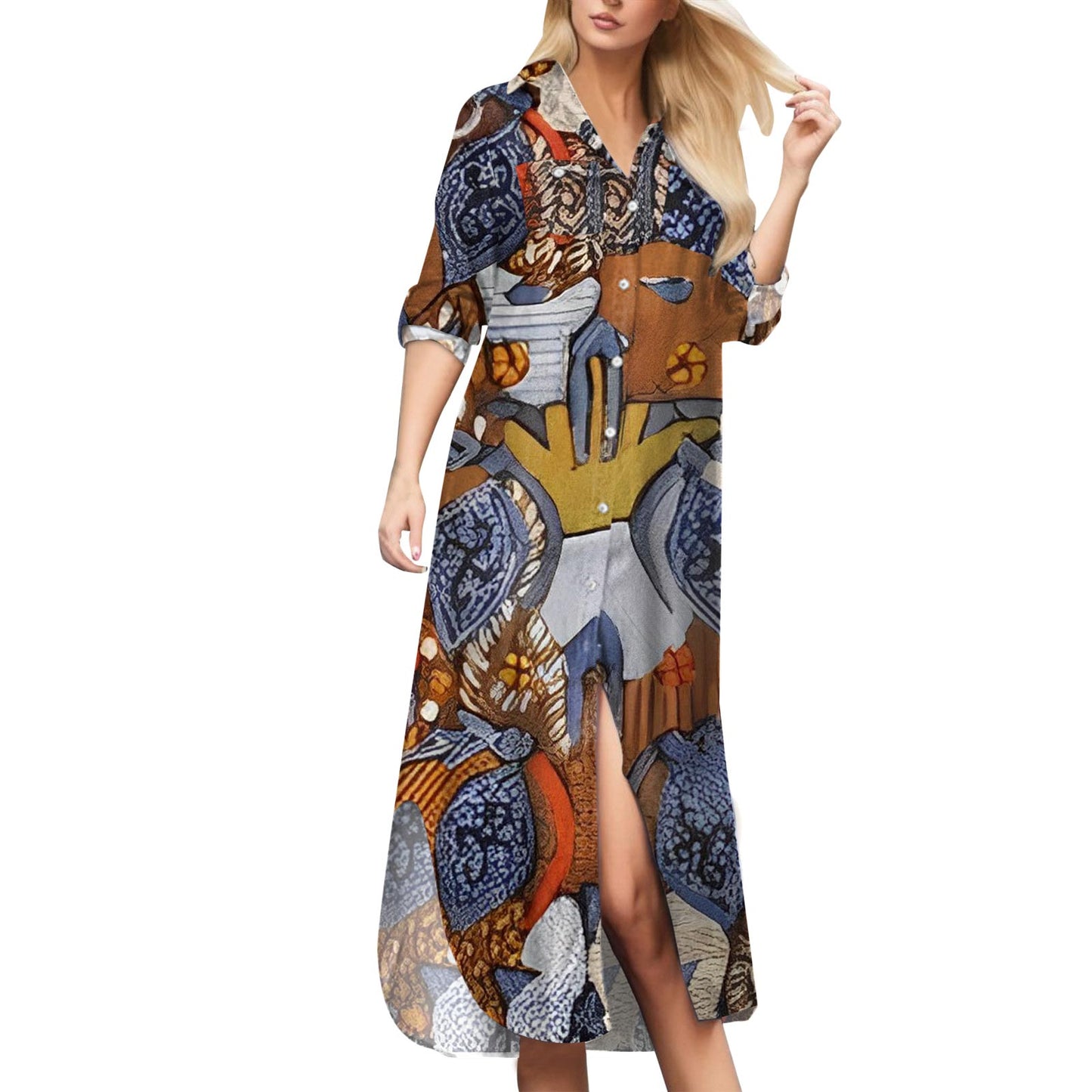 Vestido camisero elegante de moda de verano para mujer 2023, estampado de manga larga con botones, ropa informal para oficina y vacaciones, vestido largo para mujer 