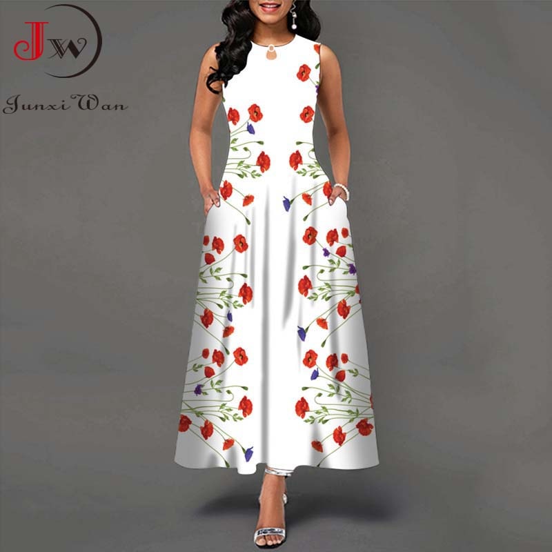 Summer Women Floral Printed Long Dresses Casual Sleeveless Beach Holiday Boho Maxi Dress Vestidos