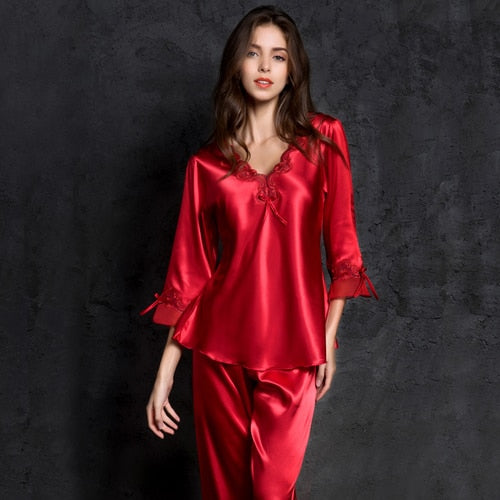 pijamas women Female pantsuit women Ice Silk Suit Long Sleeve silk pajamas Thin Bud Silk Sleeping Home Suit sleepwear