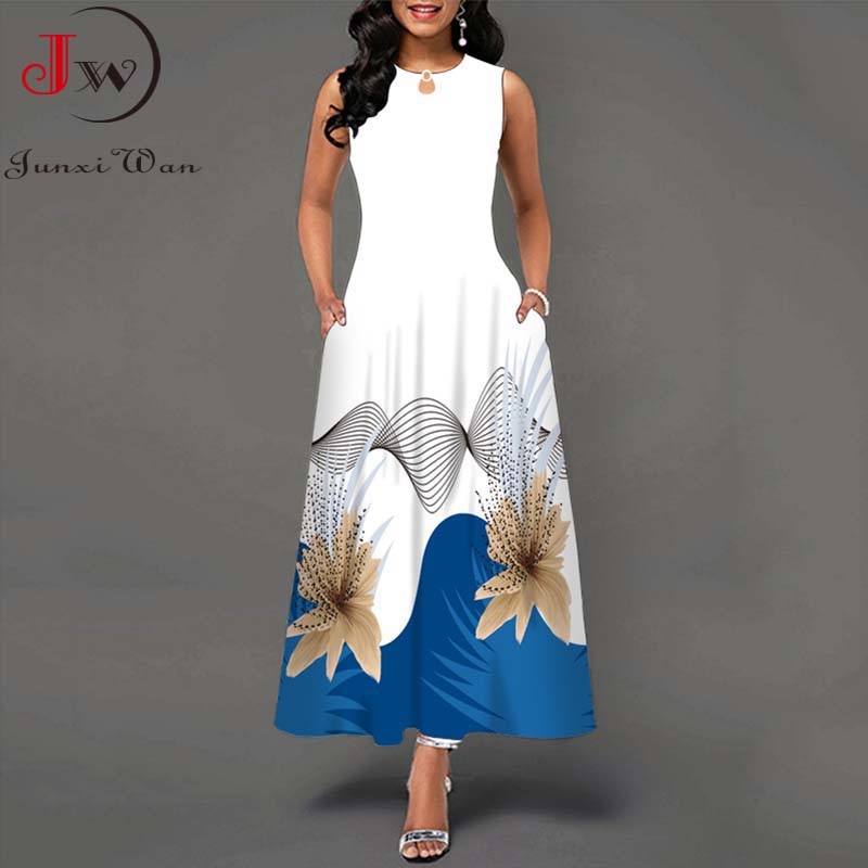 Summer Women Floral Printed Long Dresses Casual Sleeveless Beach Holiday Boho Maxi Dress Vestidos