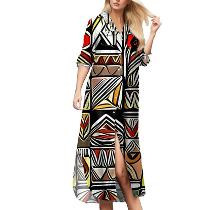 Vestido camisero elegante de moda de verano para mujer 2023, estampado de manga larga con botones, ropa informal para oficina y vacaciones, vestido largo para mujer 