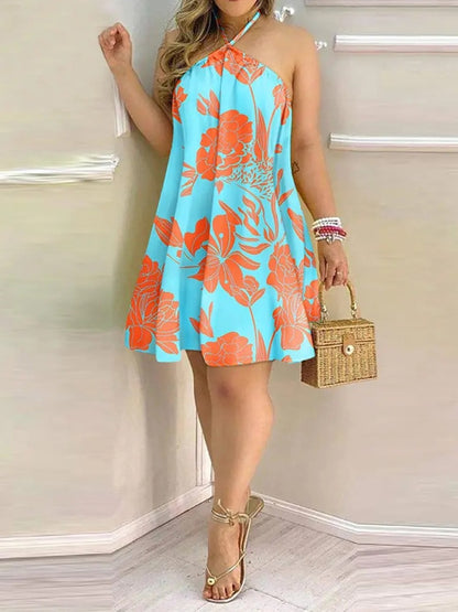 Vestido informal sin espalda con cuello halter y estampado tropical para mujer, vestido de verano sin tirantes 