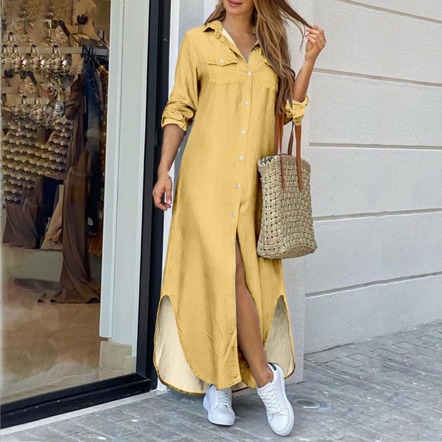 Vestido camisero elegante de moda de verano para mujer 2023, estampado de manga larga con botones, ropa informal para oficina y vacaciones, vestido largo para mujer 